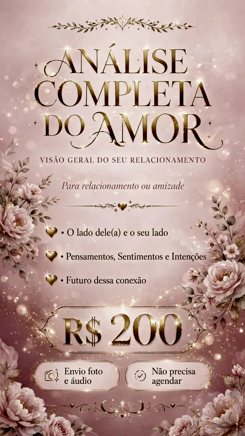 Arte rosa e dourada da Análise Completa do Amor, por foto e áudio, R$ 200
